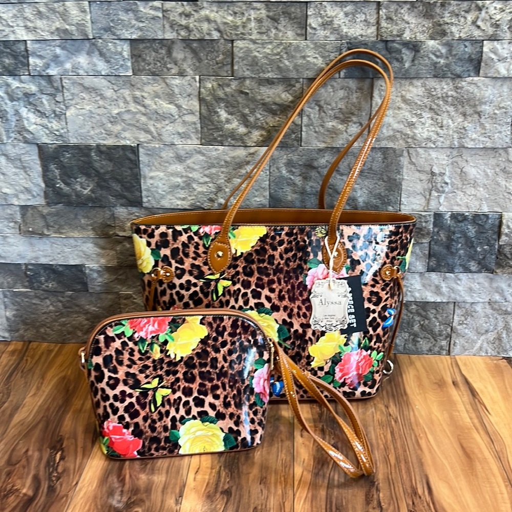 Alyssa 2 piece leopard rose butterfly purse set